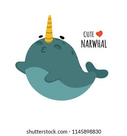 Сute cartoon narwhal on white background. Isolated vector illustration with sea animal.