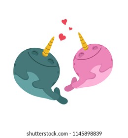 Сute cartoon narwhals girl and boy on white background. Couple in love. Isolated vector illustration with sea animals.