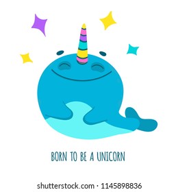 Сute cartoon narwhal-unicorn on white background. Isolated vector illustration with sea animal.