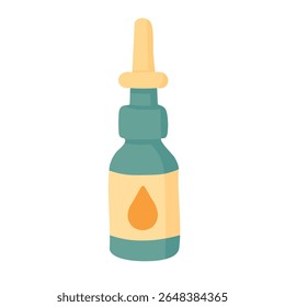 Pulverizador nasal de desenho animado com rótulo de gota. Ilustração médica plana suave em estilo vetor limpo.