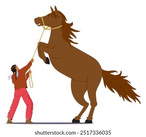 Cartoon Native American Character Guiding Majestic Rearing Horse, Depicts Strength And Connection Between Human And Animal. Traditional Attire And Dynamic Movement Evoke Cultural And Historical Theme