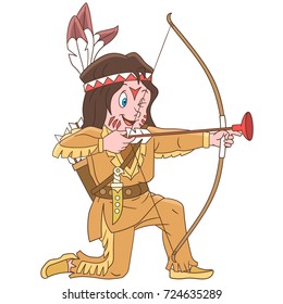 Cartoon native american indian boy with bow and arrow. Colorful book page design for kids and children.