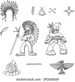 Cartoon native american set line art.