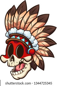 Cartoon Native American skull  with feather headdress clip art. Vector illustration with simple gradients. All in a single layer. 
