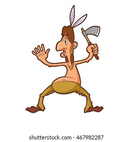 Cartoon native american warrior character attacking with a tomahawk