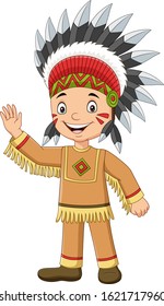 Cartoon native boy indian american waving