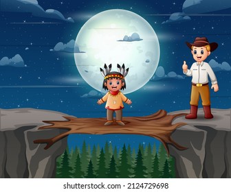 Cartoon native indian boy and a cowboy on the cliff at night