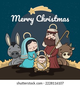 Cartoon nativity background. Maria Jose Jesus, Christmas birth, home, Christmas stable for children, cow donkey birth animals.