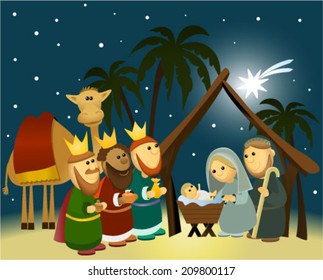 Cartoon nativity scene with holy family