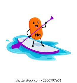 Cartoon Natrium micronutrient character on sup board. Vector Na funny sportsman element race water waves on board with paddle. Vitamin personage watersport recreation, summer holidays activities