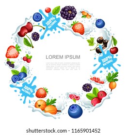 Cartoon natural berry smoothies round concept with cherry strawberry raspberry blueberry currant gooseberry cranberry in milk splashes vector illustration
