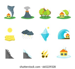 Cartoon Natural Disaster Color Icons Set Flat Style Design Element Danger Insurance Concept. Vector illustration