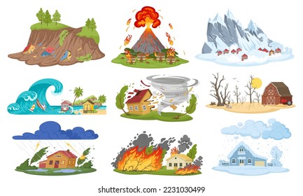 Cartoon natural disaster, hurricane, flooding and forest fire. Earthquake, drought and blizzard, environment damage cataclysm flat vector illustration set. Natural catastrophe collection