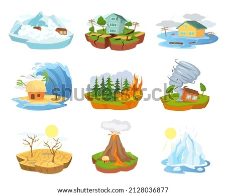 Cartoon natural disasters and catastrophes, extreme weather. Earthquake, flood, forest fire, hurricane, tsunami disaster vector set. Illustration of catastrophe disaster natural