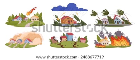 Cartoon natural disasters. Damage catastrophe cataclysms, earthquake, hurricane and forest fire flat vector illustration set. Earth damage disaster collection