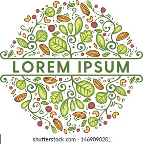 Cartoon natural food pattern with different sorts of nuts and green leaves vector illustration - Vector 