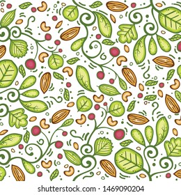 Cartoon natural food pattern with different sorts of nuts and green leaves vector illustration - Vector 
