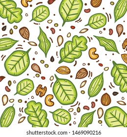 Cartoon natural food pattern with different sorts of nuts and green leaves vector illustration - Vector 