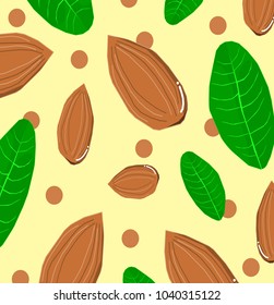 Cartoon natural food seamless pattern with almond and green leaf,vector.