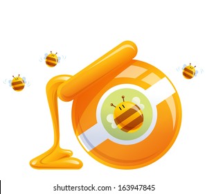 Cartoon Natural Honey In Pot And Happy Hive Flying Around