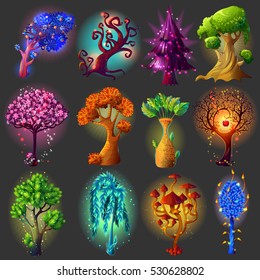 Cartoon natural icon set with multicolored different magic trees isolated and beautiful vector illustration 