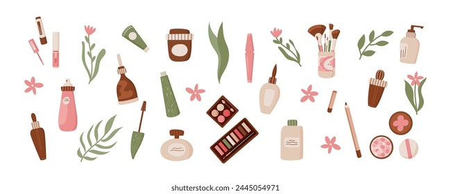 Composición del conjunto de productos de maquillaje natural de dibujos animados, colección aislada de paquete de belleza orgánica de moda con hojas verdes, botella de crema hidratante para el cuidado de la cara colorida y frasco de loción cosmética eco plana.