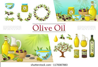 Cartoon natural olive elements collection with olive oil bottles wreath branches tree drop jars pots and cans vector illustration