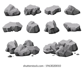 Cartoon natural stones. Boulder rock, stone and rubble pile. Isolated 3d mountain, gray rough granite decoration material recent vector collection