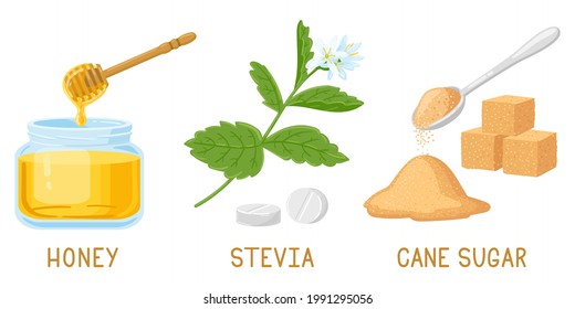 Cartoon natural sweeteners. Honey, stevia pills and plants, brown cane sugar cubes isolated vector illustration set. Natural organic sweeteners. Alternative sugar and sweet, organic stevia and honey