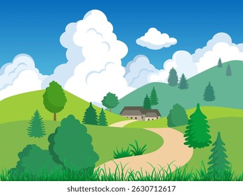 Cartoon nature background green hills, forest trees, fluffy clouds in blue sky. Rural road in the mountains. Beautiful nature scenery colorful art flat design. Environment background vector illustrati