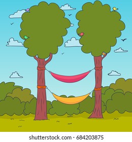 Cartoon Nature Background. Hammocks on a tree. Vector illustration