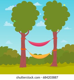 Cartoon Nature Background. Hammocks on a tree. Vector illustration
