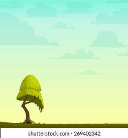 Cartoon Nature Background With A Tree. Vector Illustration.