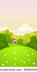 Cartoon nature country landscape, vertical format, mobile phone screen size