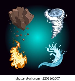 Cartoon nature elements. Fire, water, earth and wind 2d icons. Video game assets. UI magical items. Vector illustration