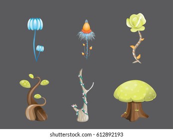 Cartoon nature elements, Plants in fantasy style, Game items set