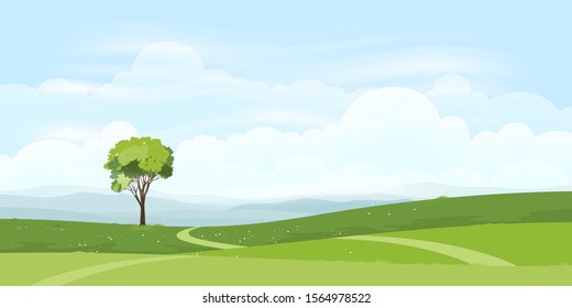 Cartoon Nature landscape background of green hills with skyline, Panorama rural landscape of Fresh green field and wavy of mountains with blue sky and fluffy clouds.Vector illustration