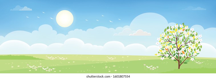 Cartoon Nature landscape background of green hills with skyline, Panorama landscape of Fresh green field and wavvy of mountains with blue sky and fulffy clouds.Vector illustration