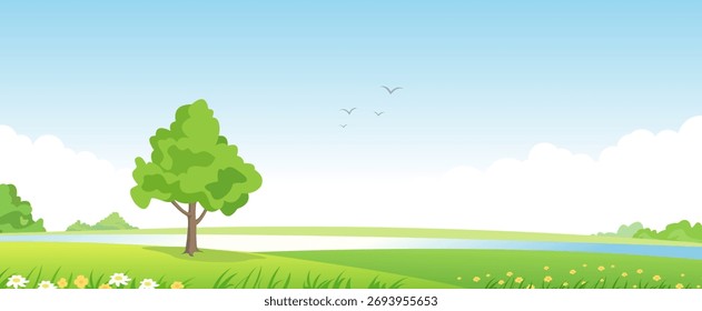 Cartoon Natur Landschaft Hintergrund Vektor, Grüne Landschaft Illustration, Wasser, Vektorkunst