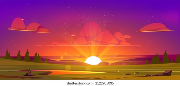 Cartoon nature landscape beautiful sunset at green field with pond, grass, rocks and conifers under purple sky with red clouds. Picturesque scenery background, natural dusk scene, Vector illustration