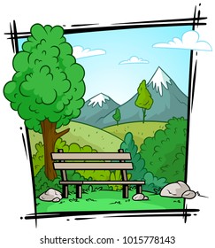 Cartoon nature landscape with bench, mountains and green trees vector background. Gift card.