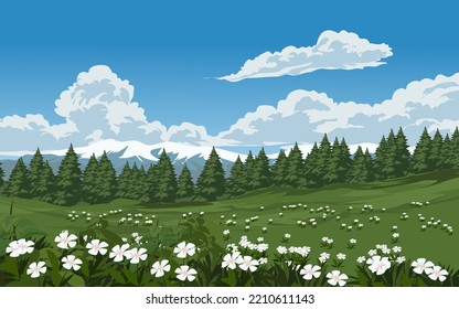 Cartoon nature landscape of countryside blue sky and clouds