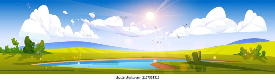 Cartoon nature landscape day time. Pond at green field with bushes and blue sky with white clouds. Scenery background with lake, natural scene, Vector illustration