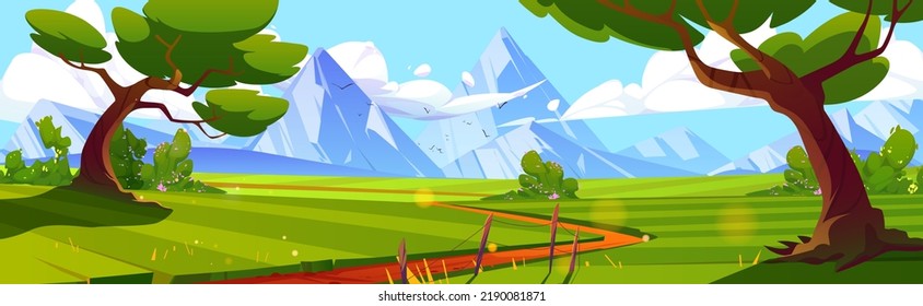 Cartoon nature landscape at day time. Rural dirt road going along green field with deciduous trees and snow mountains view. Scenery game background, Vector illustration