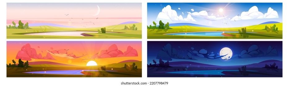 Cartoon nature landscape day time set. Pond at green field with bushes at early morning, evening sunset and night with moon. Scenery background with lake, natural scenes, Vector illustration, set