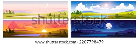 Cartoon nature landscape day time set. Pond at green field with bushes at early morning, evening sunset and night with moon. Scenery background with lake, natural scenes, Vector illustration, set