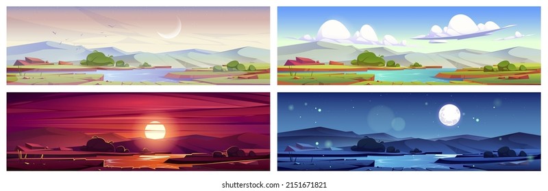 Cartoon nature landscape at early morning, day, evening sunset and night time. Green field with pond, grass, rocks picturesque scenery backgrounds, natural tranquil scenes, Vector illustration, set