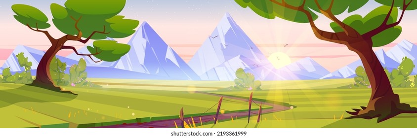 El paisaje natural de las caricaturas a primera hora de la mañana. Camino de tierra rural que recorre un campo verde con árboles caducifolios y vistas a las montañas. Fondo del juego de exploración, ilustración del vector