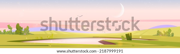Cartoon nature\
landscape early morning. Pond at green field with bushes, flying\
birds. Scenery background with lake and crescent in pink sky,\
natural scene, Vector\
illustration