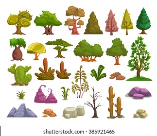 Cartoon nature landscape elements set, trees, stones and grass clip art, isolated on white